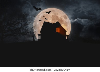 Old scary house with lights from windows with bats on a hill with a cemetery with a full bloody moon with clouds. Happy Halloween, Creative Idea. Scary Dark Wallpaper - Powered by Shutterstock