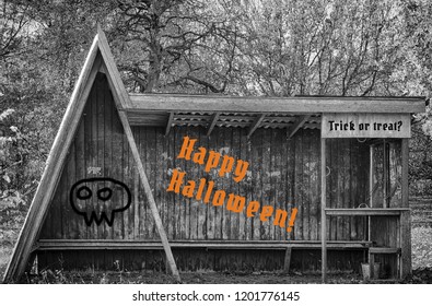 Old Scary Looking Wooden Bus Stop With Inscriptions Happy Halloween! And 