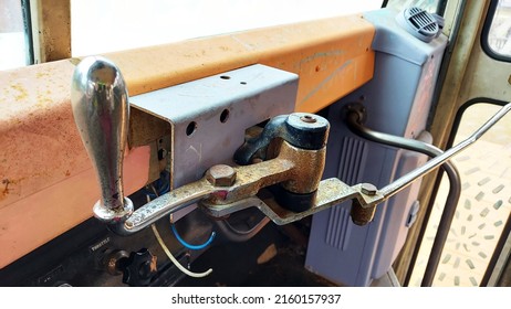 Old School Bus Interior Door Handle That Opens The Door. Door Lever For Old Bus That Manually Opens The Bus Door.