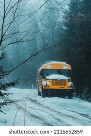 Old School Bus Parked And Covered In Snow