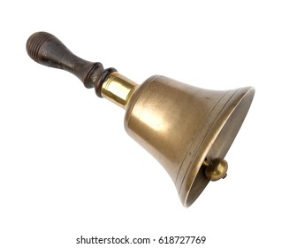 Old school hand bell. Traditional design, brass with wooden handle. Well worn!