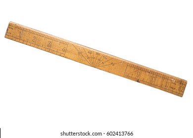 Old School Ruler, Rule. Wooden And Worn. Foot Long, Showing Angle Degrees.Isolated On White.