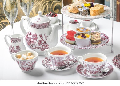 Old School Style Tea At Five Afternoon Service Sandwich Set Cake Sweet Traditional Table Hotel Cheesecake Sugar Pot China Cup