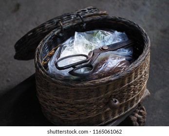 Old scissors in the basket tools.