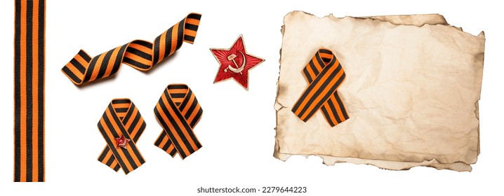 old scorched blank paper and St. George ribbon set isolated on white background. 9th May. Victory Day. May 9 russian holiday. 1941-1945 - Shutterstock ID 2279644223