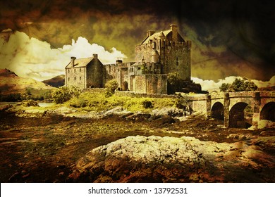 Old Scottish Castle In Distressed Vintage Style