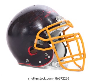 Old Scratched Football Helmet On A White Background.