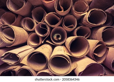 Old Scroll Library. Stack Of Ancient Scrolls. Medieval Manuscripts Library.