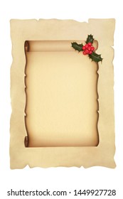 Old Scroll On Parchment Paper With Winter Holly Berry Leaf Sprig Isolated On White Background. For Christmas And Winter Themes.