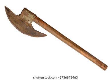An old semicircular axe isolated on a white background. Rusty Battle Axe with Wooden Handle