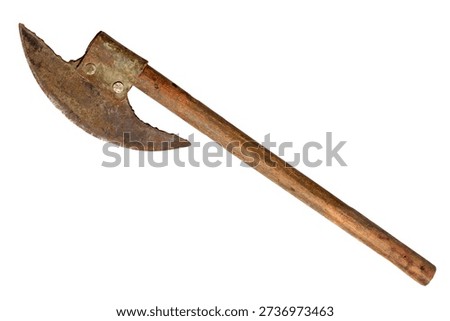 An old semicircular axe isolated on a white background. Rusty Battle Axe with Wooden Handle