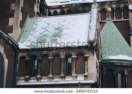 Old semicircular Gothic windows with small columns on the brown facade of a building with green kershes in the snow. Baroque and Gothic architecture. Church of Saints Olga and Elizabeth. Lviv, Ukraine Stock photo © 