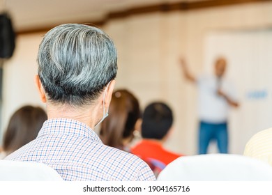 Old Senior 70s Man In Business Seminar For Investment With Stock, Business, Financial, Retirement, Elderly Asian Man With Grey Hair With Mask, Nursing Home Care.Job Training, Career Development.