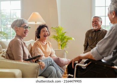 Old Senior Asian Friends Retired People Hapiness Positive Laugh Smile Conversation Together At Living Room At Nursing Home Seniors Participating In Group Activities In Adult Daycare Center