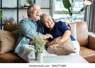 Old Senior Asian Retired Age Marry Couple Wellness Lifesstyle Together At Home,old People Laugh Smile Together With Love And Bonding On Sofa In Living Room Home Interior Background