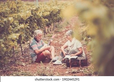 Old Senior Couple Enjoy Together Outdoor Leisure Activity Sitting In The Vineyard And Playing A Ukulele Guitar And Reading A Book - Mature People Enjoy Elderly Healthy And Free Lifestyle