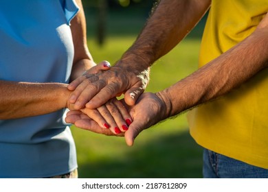 Old Senior People Holding Hands Close Up View, Senior Retired Family Couple Express Care As Psychological Support Concept, Trust In Happy Marriage, Empathy Hope Understanding Love For Many Years