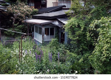 An Old Shabby House In A Messy Garden In A Quiet Historical Town Of Narai-juku, An Important Post Town On Nakasendo Trail. Kiso Valley, Nagano, Gifu. No People.