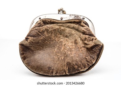 Old Shabby Wallet With Brass Opening. Vintage Used Purse Isolated On White Background