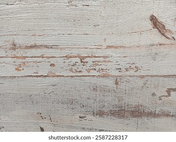 Old shabby wood texture background. Rough surface of old table with natural pattern. Top view of old wood with cracks. White rustic wood as background. Free copy space for text