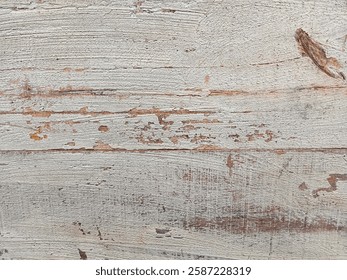 Old shabby wood texture background. Rough surface of old table with natural pattern. Top view of old wood with cracks. White rustic wood as background. Free copy space for text