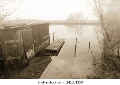 Old Shack In The Swamp With Mist