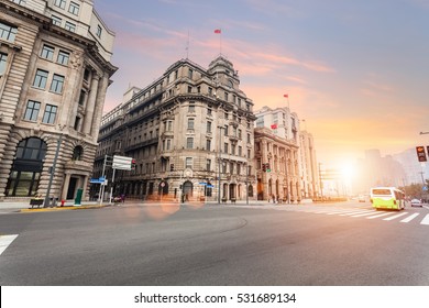 Old Shanghai Of The Bund In Sunset, Street Scene Of Excellent Historical Buildings With City Road