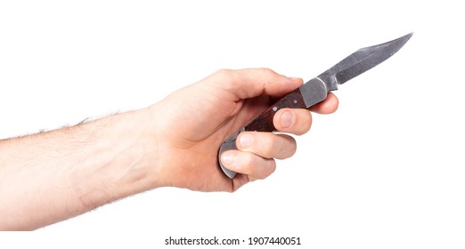 Old Sharp Metal Pocket Knife In Hand, Isolated