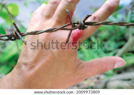 Old sharp spike wire rusty steel with red cutted accident wound on the hand and finger, that risk to tetanus infection disease