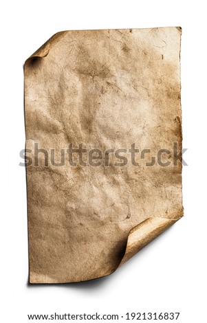 Old sheet of paper with curled edges isolated on white