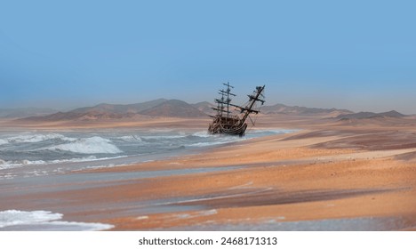 An old ship aground on the skeleton beach - Skeleton coast Atlantic ocean meets  - Namibia, South Africa - Powered by Shutterstock