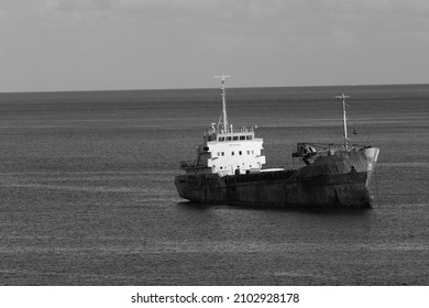 An Old Ship In The Carribean Sea. Black And White 