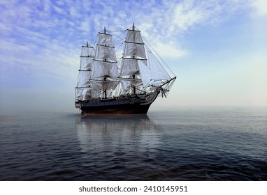 Old ship on calm sea water under cloudy blue sky