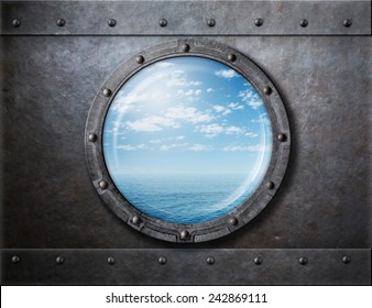 Old Ship Rusty Porthole Or Window With Sea And Horizon Behind