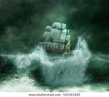  Old ship sailing in the marine thunderstorm