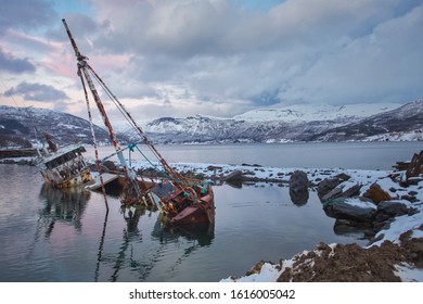 The old shipwreck on Norwegian sea in  winter season, Gratangen, Norway