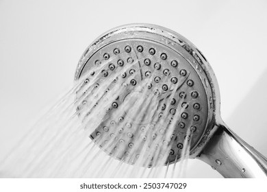 Old shower head, calcified. Old shower, water in shower head.