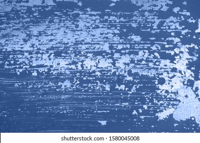 Old Silver Metal Wall With Peeled Off And Scratched Trendy Blue Paint. Color Trend Of 2020.