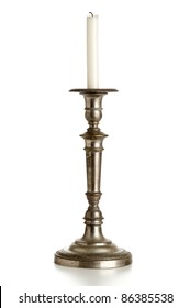 Old Silver Plated Candlestick Isolated On White