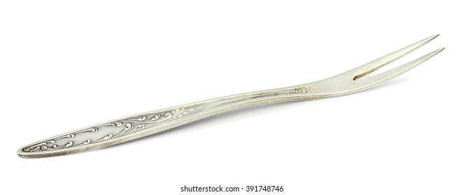 Old Silver Small Fork With Two Prongs Isolated On White Background