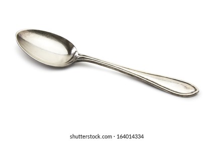 Old Silver Spoon Isolated On White With Clipping Path