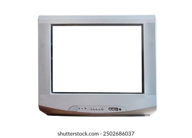 Old silver TV isolated on white background. Retro technology concept. Blank screen for text.Vintage TVs 1980s 1990s 2000s. 