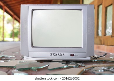 An Old Silver TV Set In An Abandoned Hotel. Vintage TVs 1980s 1990s 2000s. 