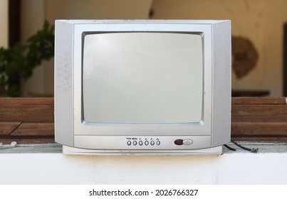 An Old Silver TV Set In An Abandoned Hotel. Vintage TVs 1980s 1990s 2000s. 