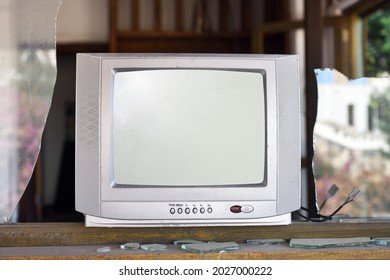 An Old Silver TV Set In An Abandoned Hotel. Vintage TVs 1980s 1990s 2000s. 