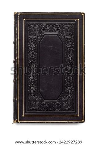 Old skin book cover with embossed golden abstract pattern and floral decorations isolate on white background. Abstract vintage decorations 19th century.