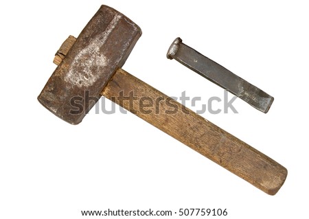 Old sledgehammer and chisel isolated on white background