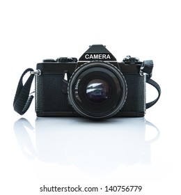 Old SLR Black Camera on White Background