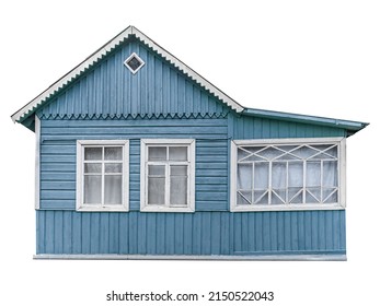 Old small blue wooden village house built of planks isolated on white.