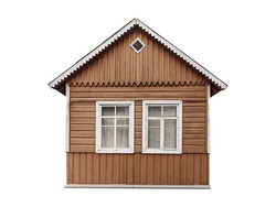 Old Small Brown Wooden Village House Built Of Planks Isolated On White.